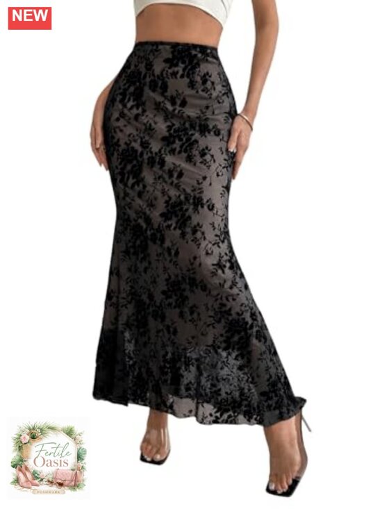Dresses & Skirts - Women's Gothic Pencil Maxi Skirt Y2K Rave Floral Velvet Fishtail High Waist